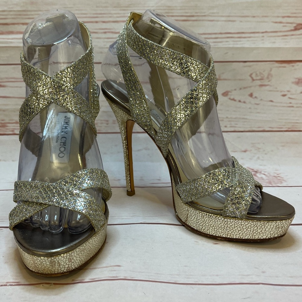 Jimmy Choo Lottie Gold & Strappy Sandal Heel Formal Shoes Sz 37